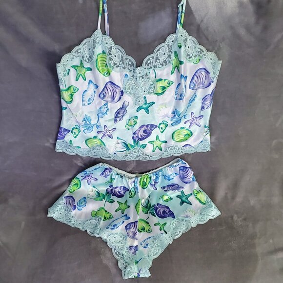 Victoria's Secret Other - 90s Vintage Victoria’s Secret Blue Green Satin Fish Print Two Piece Pajama Set M